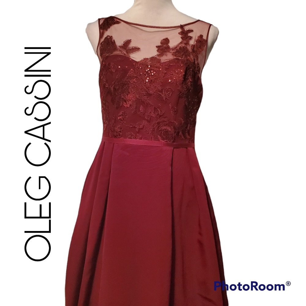 appliqued illusion faille bridesmaid dress Oleg Cassini Appliqued Illusion Faille Dress